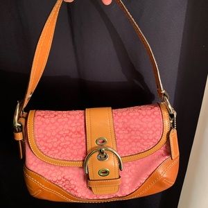 Pink Canvas Flap Handbag w/ Tan Leather Trim